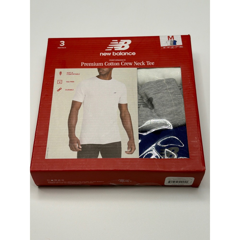 New‎ Balance Men's 3 Pack Premium Cotton Crew Neck Tees Grey White Blue Size M
